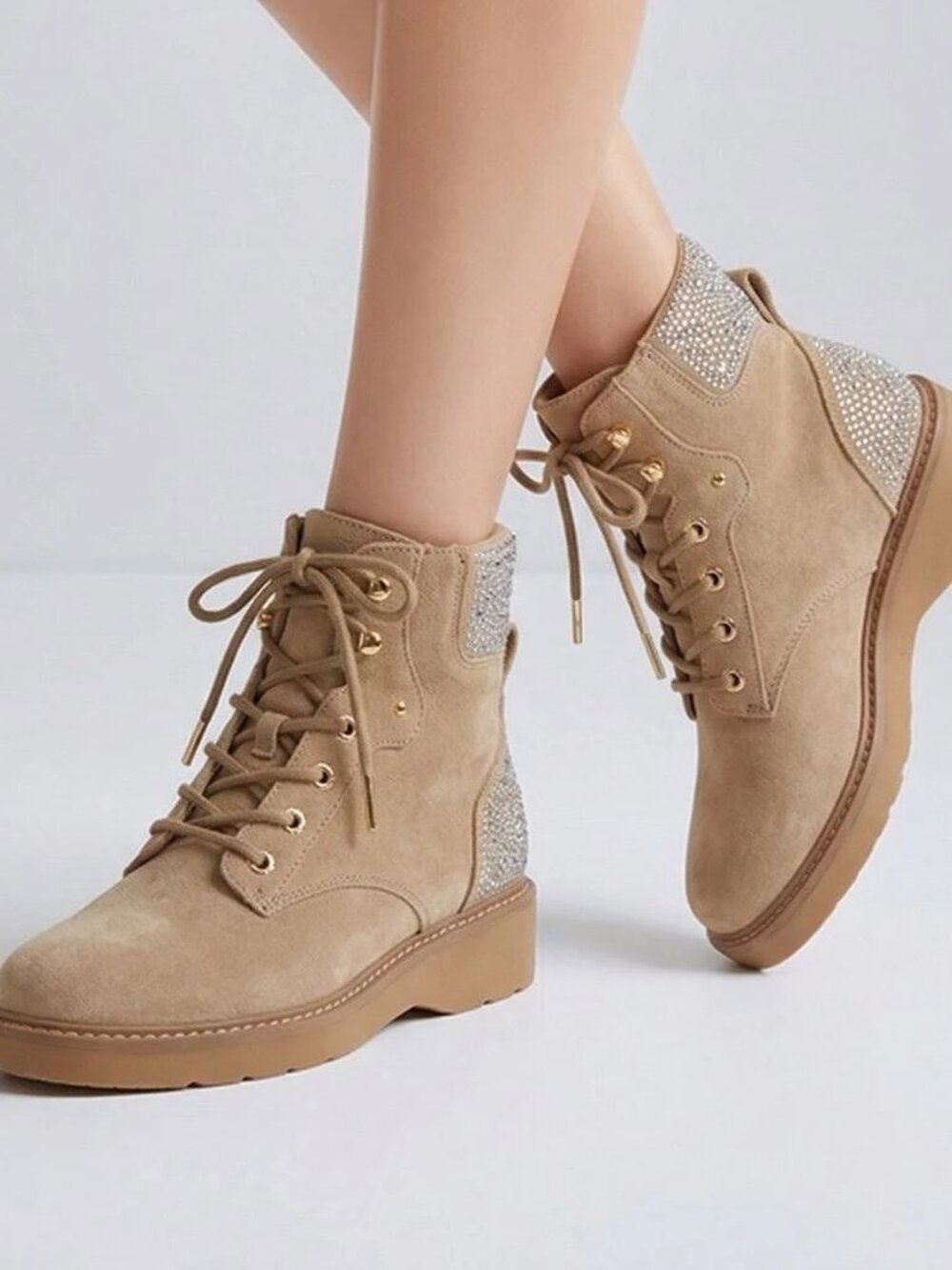 NWOT ** Michael Kors Tan Suede Lace-up Ankle Boot Rhinestone Detail - Size 8